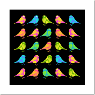 Cute little colourful birds with hearts on black background Posters and Art